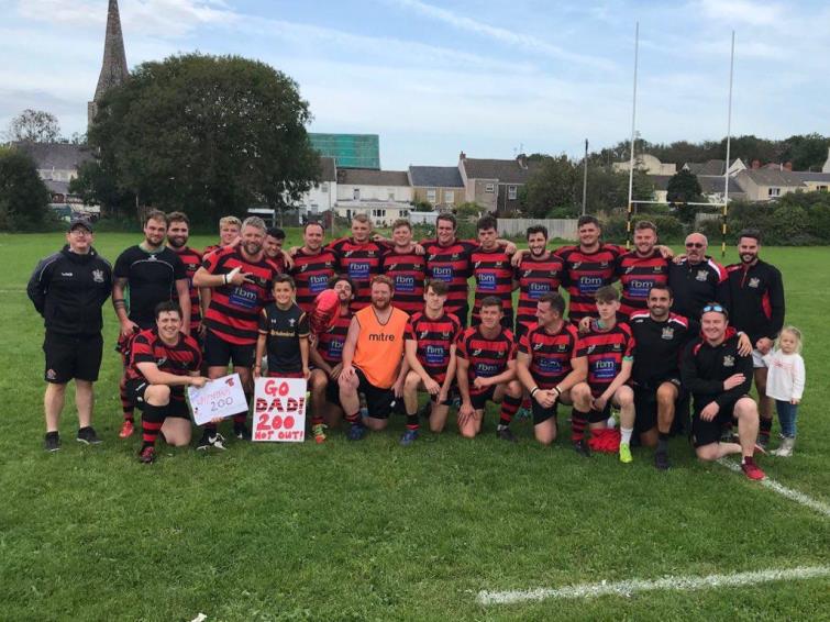 Wyndham Williams celebrates 200 games for Tenby with his team mates